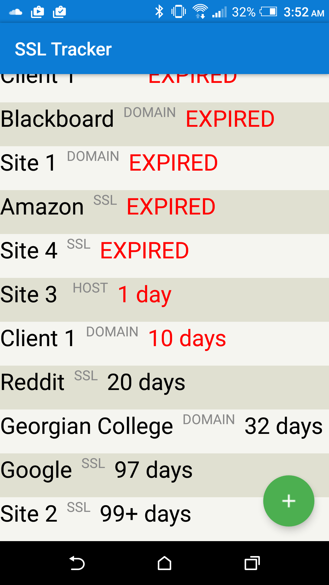 Slide 1 - SSL Tracker main activity screen